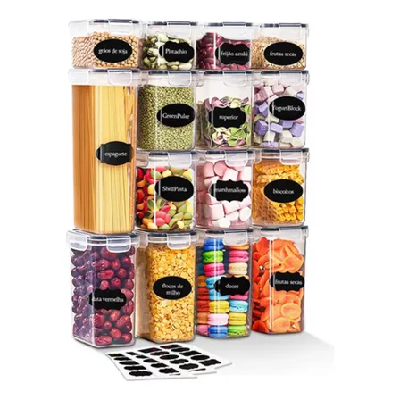 Kit 15 Potes Hermético Cadencia Mantimentos Quadrado Cozinha Branco