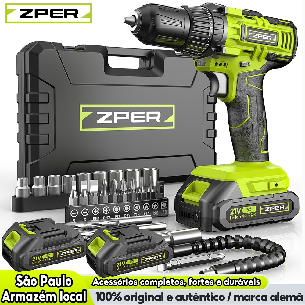 ZPER Parafusadeira Furadeira 21V A Bateria Elétrica Kit Maleta Estuche Organizador e 27 Acessórios