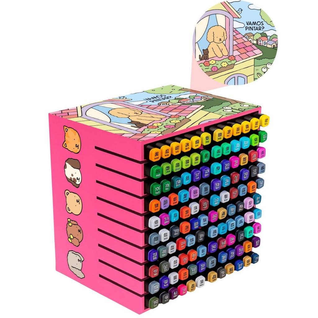 Suporte Organizador 120 Canetinhas Touch Decorada- Azul ou Rosa - *Vai MONTADA*