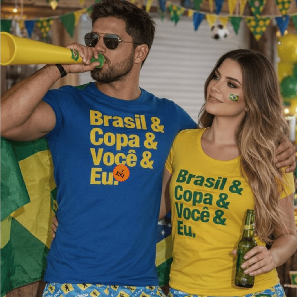 Conjunto Casal namorados Copa Futebol Brasil Seleção Kit 2 Camisetas "Brasil & Copa & Você & Eu"