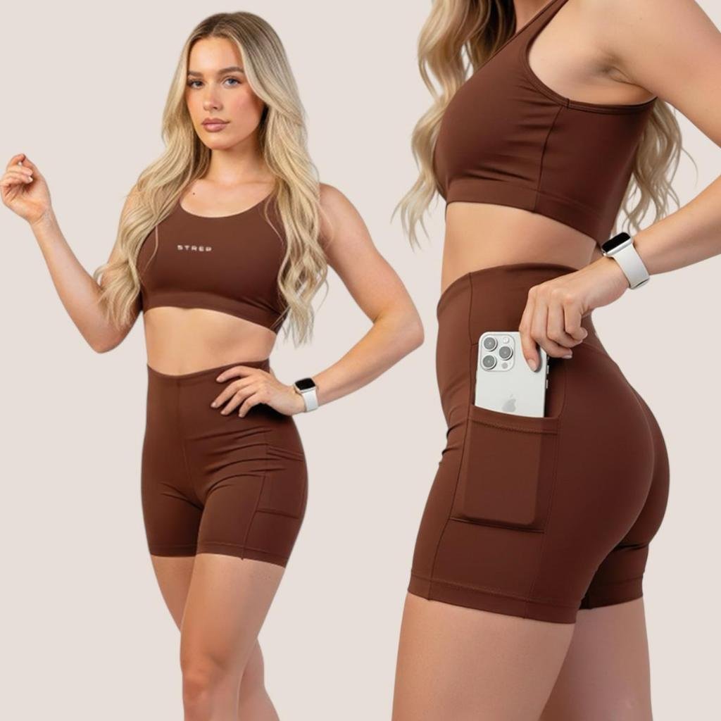 Conjunto Fitness Feminino Strep – Top e Short com Bolso Lateral em Poliamida para Academia