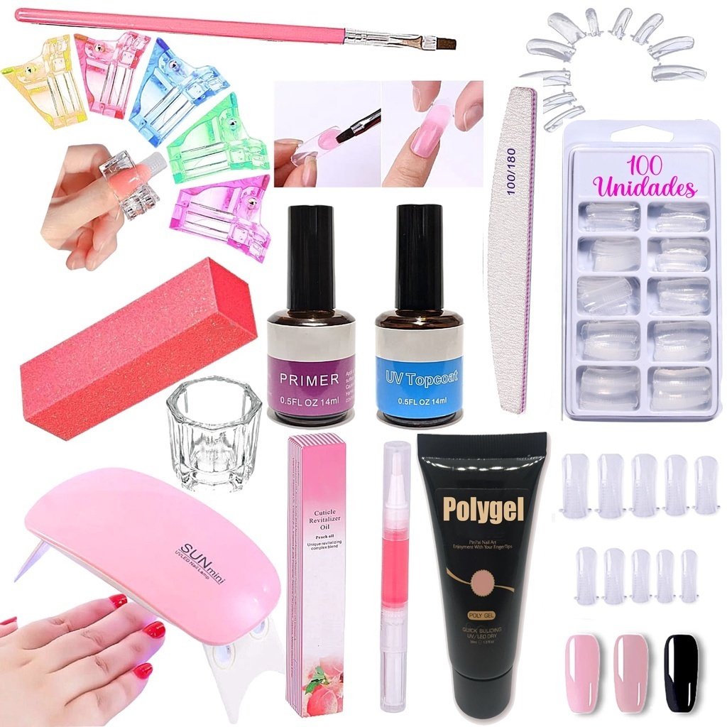 Kit Polygel Alongamento De Unha + Molde F1 + Lixa + Top Coat + Primer + Cabine Sun Mini  Poligel Alongamento Unhas