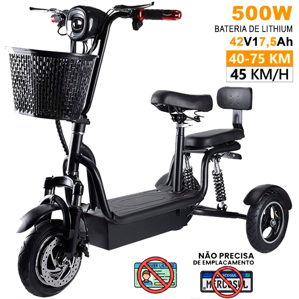 Triciclo Elétrico Adulto 500w 3 Rodas para 02 Pessoas 30Km/h Grande Autonomia