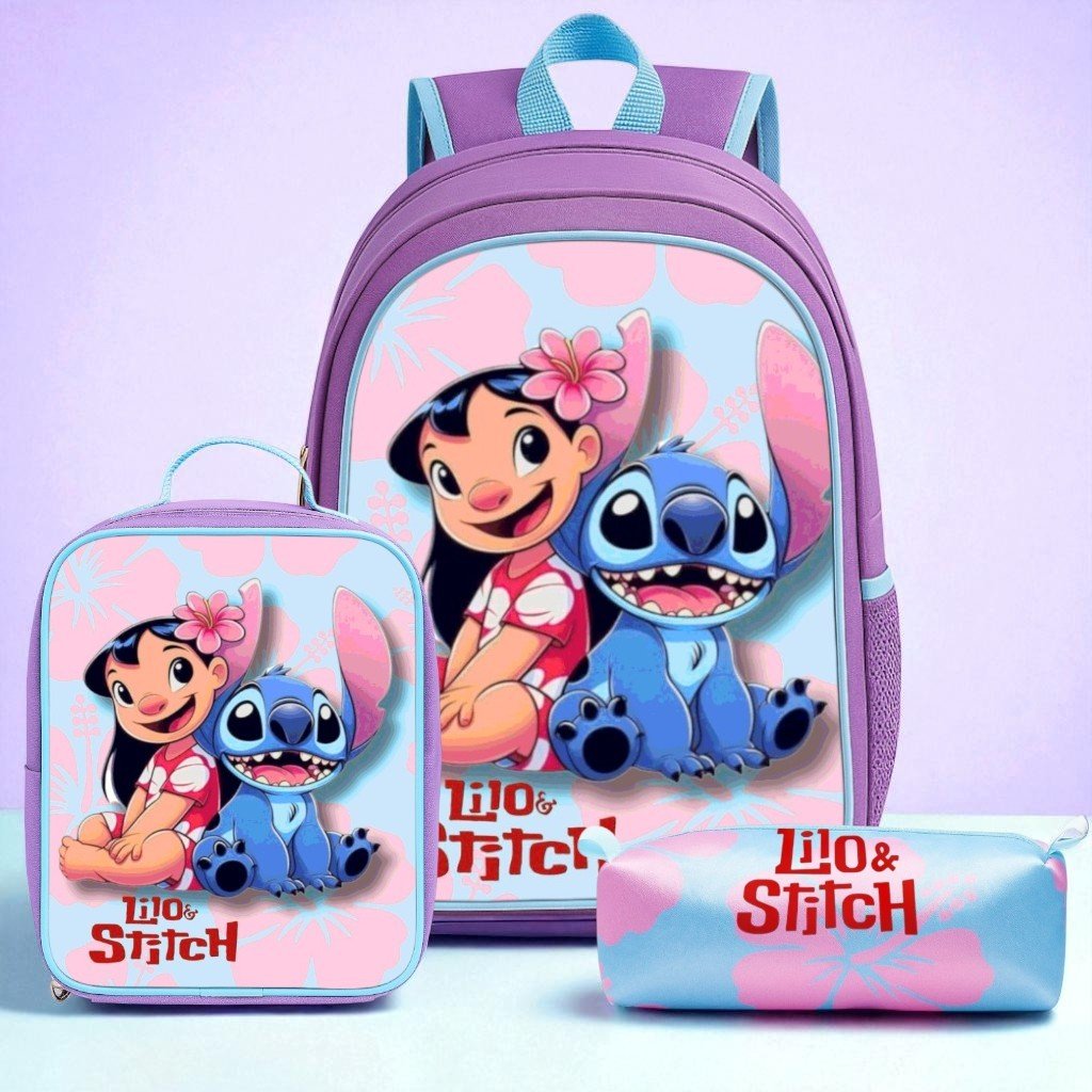 Kit Mochila Infantil Menina Feminina + Lancheira Térmica + Estojo Lilo e Stitch - Envio Imediato