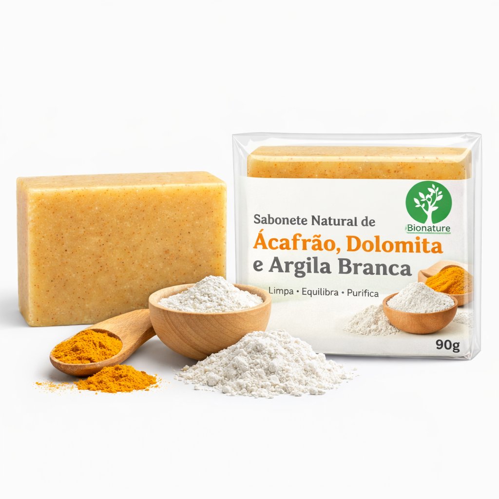 01 Sabonete de Açafrão, Argila Branca e Dolomita – Auxilia na limpeza da pele Ajuda a equilibrar a oleosidade