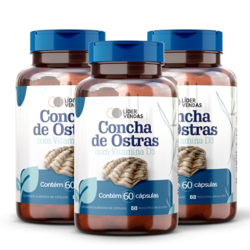 Concha de Ostras c/ Vitamina D3 C/ 60 Cápsulas 800mg - Kit 3 Potes