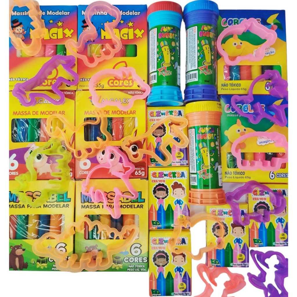 Kit 30 Caixas Massinha Modelar + 30 Cx Mini Giz Cera + 30 Bolhas De Sabão + 30 Cortador Lembrancinha
