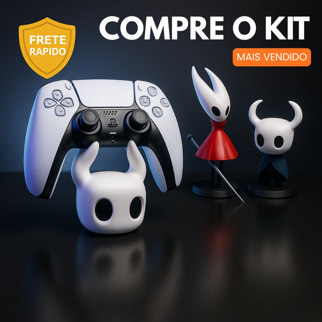 Suporte Controle Hollow Knight + 2 Bonecos (Hornet e Knight) | Compatível PS5/PS4/Xbox/PC/Switch