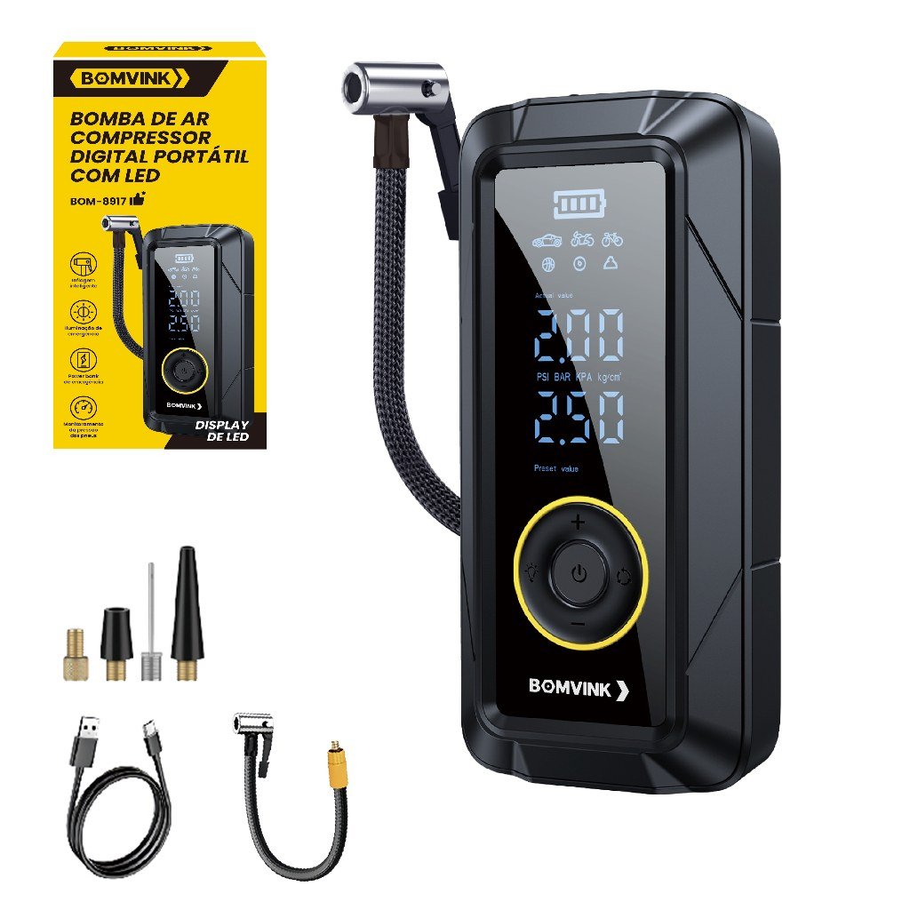 Bomba de Ar Compressor Digital Portátil com LED Encher Pneu Elétrica Portátil Sem Fio Carros Motos