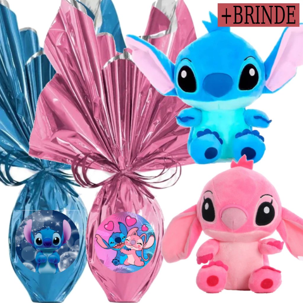 Ovo de Páscoa Infantil 250 Gramas Ao Leite + Pelúcia Lilo Stitch Fofas 25cm Presente + Brinde