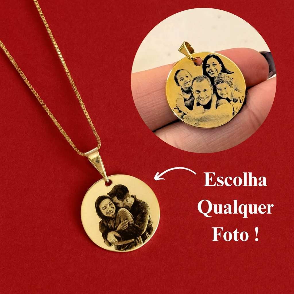 [SEMI JOIA] Colar Personalizado Feminino 17mm Foto Gravação 45cm Banho Ouro 18k Acessórios Presente Dia das Mulheres