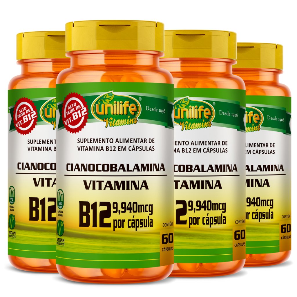 KIT C/4 Vitamina B12 Cianocobalamina - 60 Cápsulas Vegano Unilife
