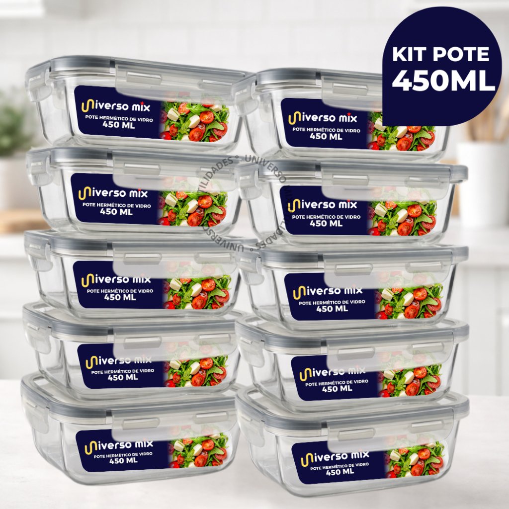 Kit 10 ou 5 Potes Vidro Hermético 450ml Retangular Mantimentos Marmita Premium