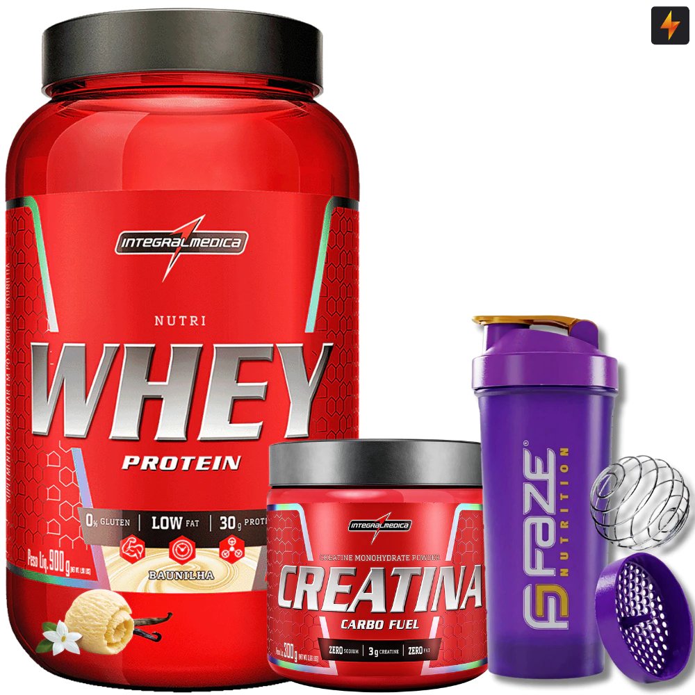 Kit Nutri Whey Pote 900g + Creatina CarboFuel 300g + Coqueteleira