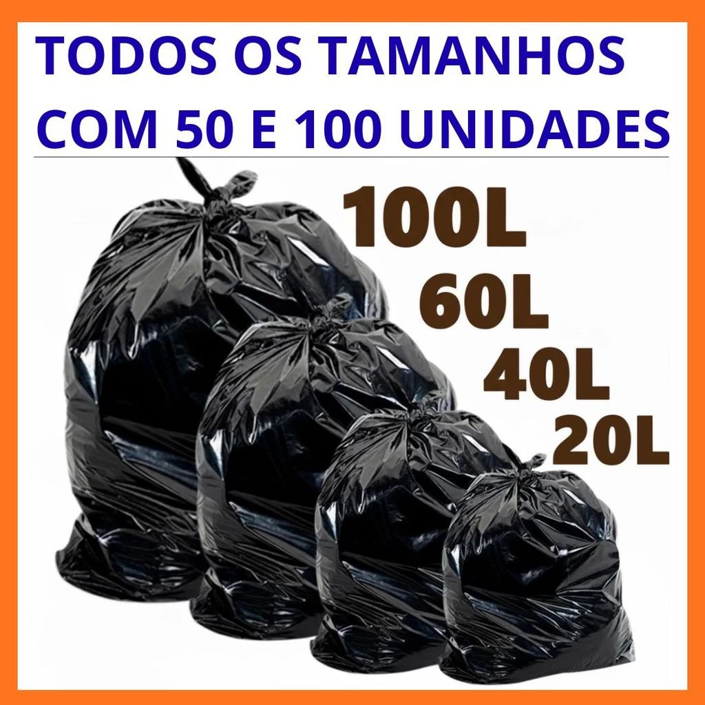 Saco De lixo Preto Resistente Pacote com 100Unidades - 20L/40L/60L-100Litros