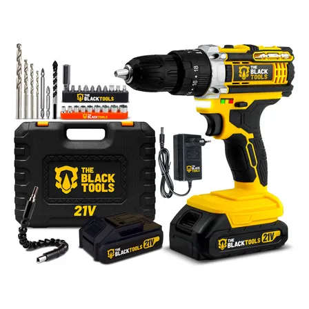 Furadeira Parafusadeira De Impacto 21v Com 2 Baterias Velocidade Ajustável 3/8 10mm Maleta E Acessorios Profissional The Black Tools Amarelo E Preto 127/220v 60hz