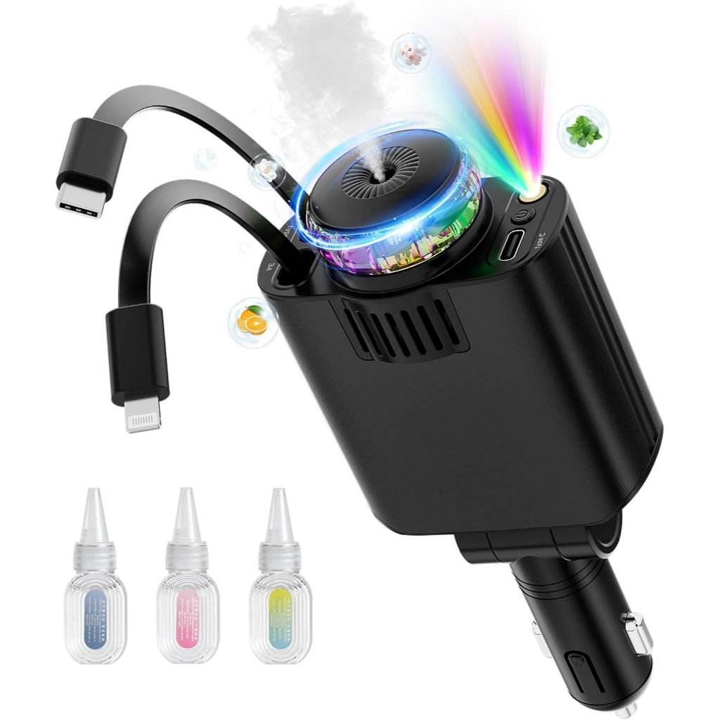 Carregador de Carro 45W USB-C Retrátil - Carga Rápida iPhone 15/14/13, Samsung - Luz LED 12V/24V