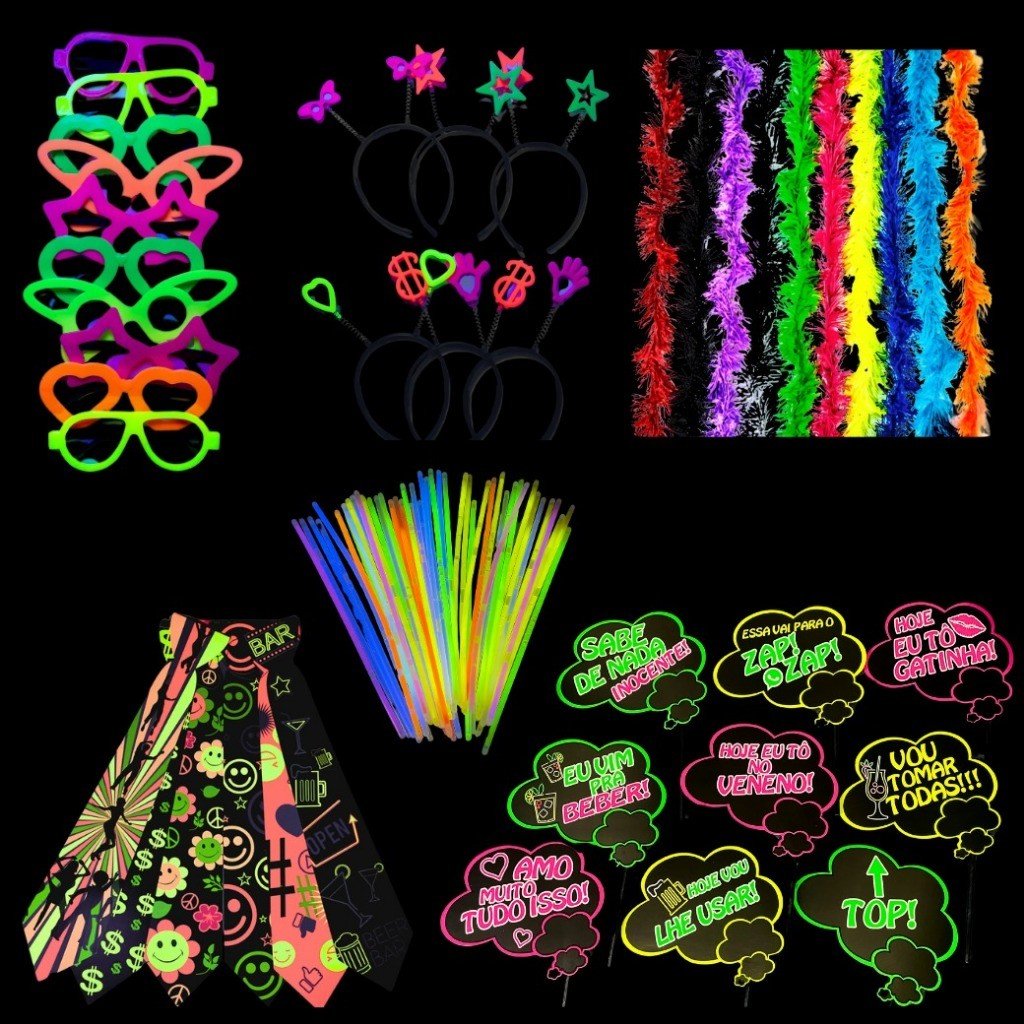 Kit Balada Festa Neon Casamento 150 Peças Pulseira, Óculos, Tiaras, Gravatas, Plaquinhas, Marabus - Adereços