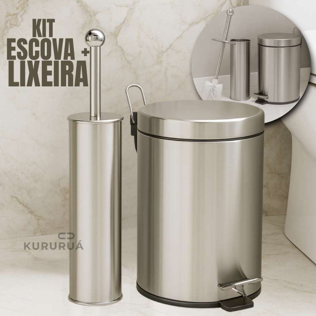 Kit Lixeira Inox Pedal 3 Litro Mais Escova de Inox Redonda Banheiro Cozinha Cesto de Lixo Moderno Luxo Premium