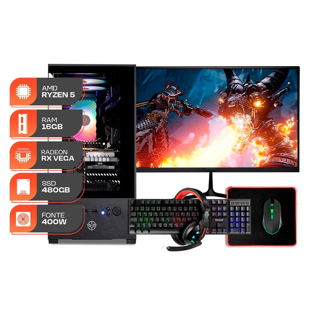 PC Gamer Forge, AMD RYZEN 5 3400G, 16GB DDR4, SSD 480GB, 400W 80 Plus, Completo com Monitor 21 e Periféricos