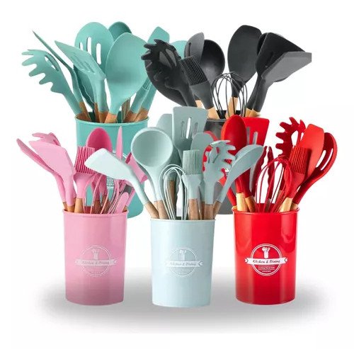 Kit Jogo de Cozinha Silicone, Utensílios e Copo Suporte para Cozinheiro Cabo de Madeira MasterChef