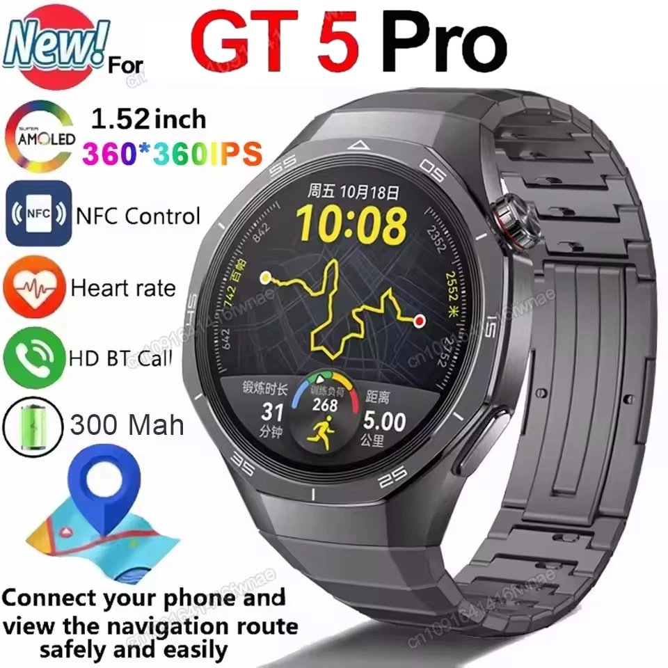 2026 GT5 Pro GPS NFC Relógio Inteligente Masculino HD Tela AMOLED Freqüência Cardíaca