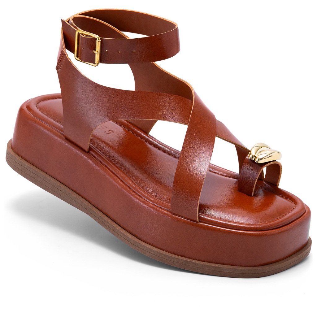 Sandália Feminina Lumiss Flatform Confortável Enfeite Metalizado Tiras