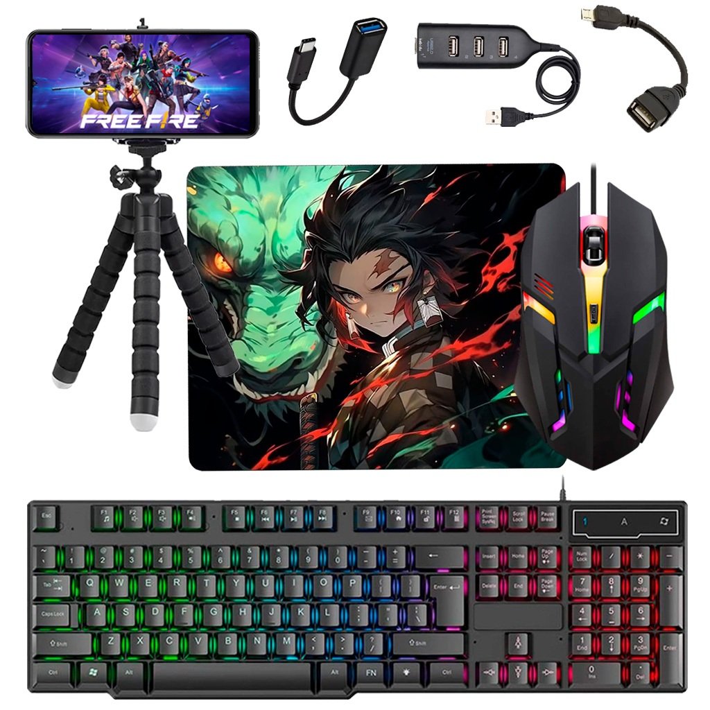 Kit Mobilador Completo 7 Peças Teclado Mouse Gamer Rgb Mouse Pad Hub Tripe Otg Micro e Tipo c