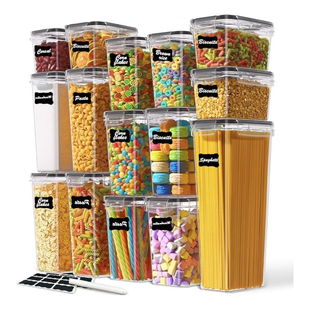 Kit 14 Potes Herméticos Empilháveis Quadrado Resistente Plástico Cozinha Dispensa Alimentos e Bebida