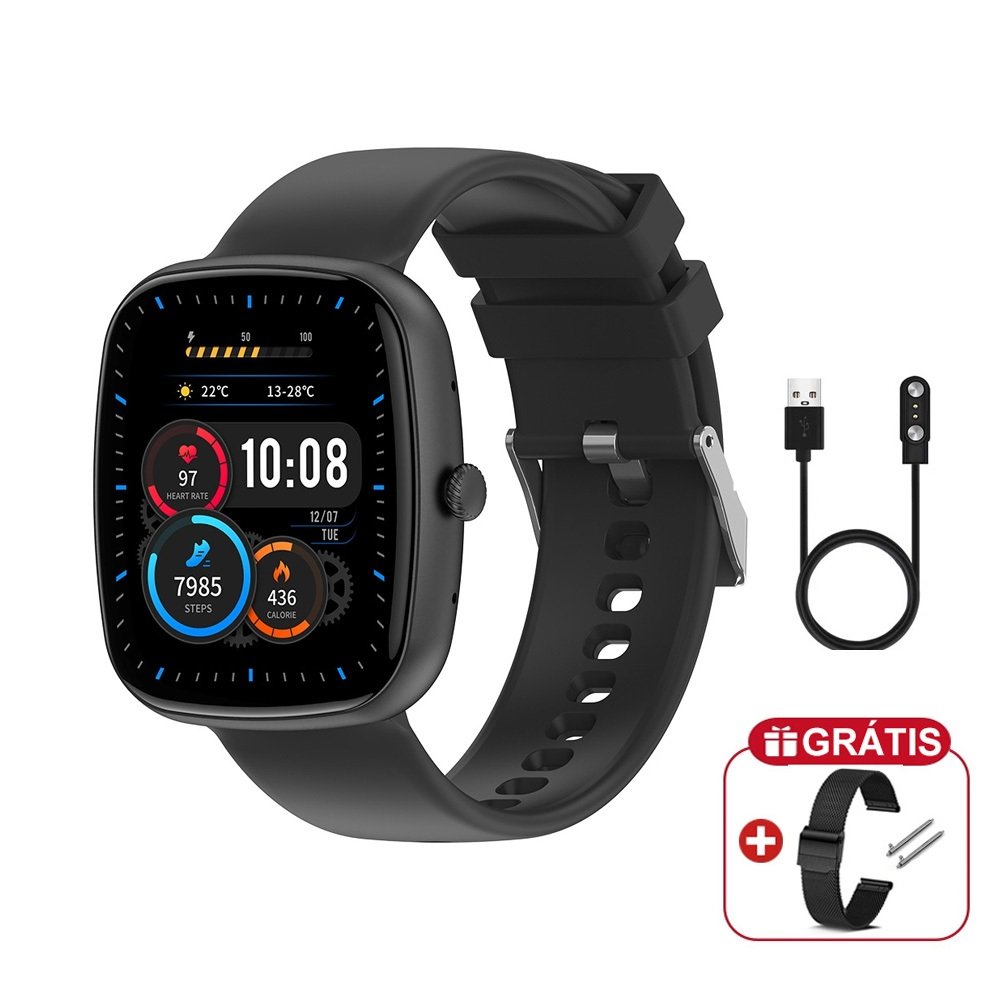 Smartwatch Inteligente com Monitoramento Saúde, Pulseiras Silicone e Aço Milanese + Cabo de Carga