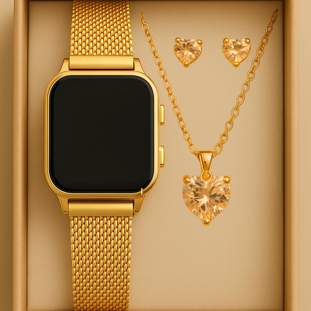 KIT RELOGIO LED DIGITAL QUADRADO FEMININO + CORRENTE E BRINCO LUXO