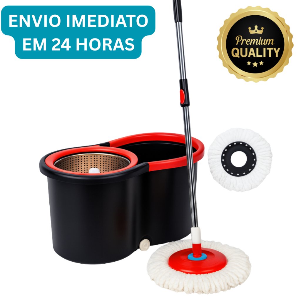 Mop Giratório Cabo Grande de 120 cm 8 Litros Cesto Em Inox e Plástico - Balde Centrífuga Preto