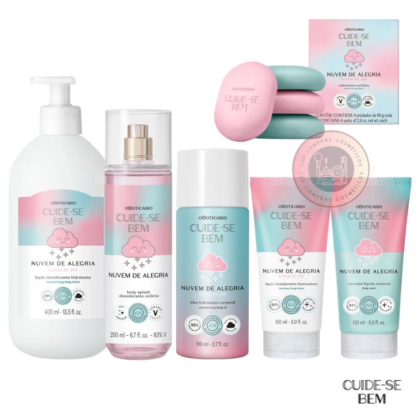 Linha Cuide-se Bem Nuvem de Alegria: Loção Corporal Iluminadora, Body Splash, Óleo Hidratante, Sabonete Líquido e mais