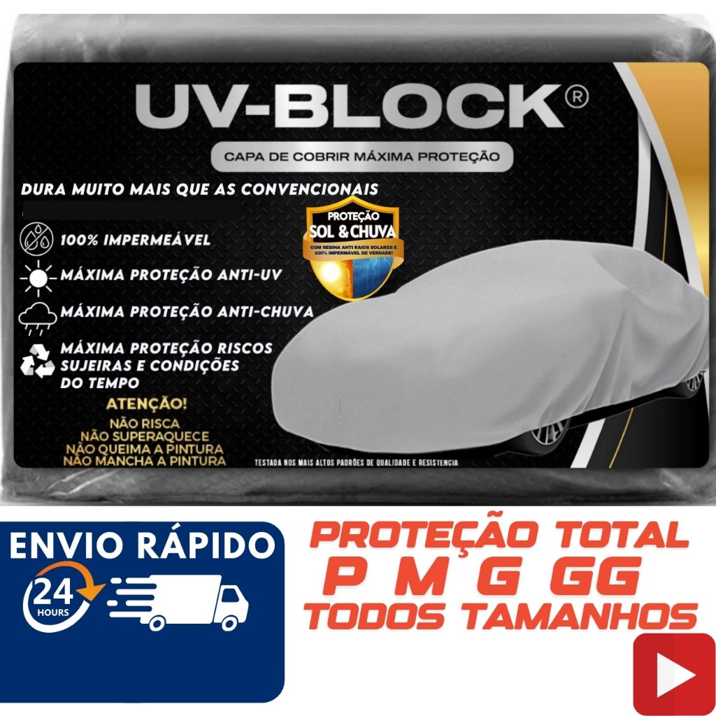 Capa Para Carro de Cobrir UV-BLOCK Impermeável 100% S/F Protege Sol Chuva Poeira P M G
