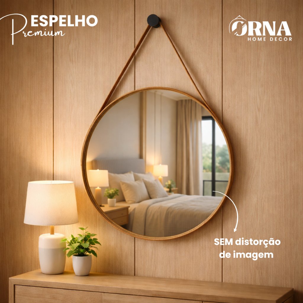 Espelho Adnet Redondo com Alça em Couro Costurado 30cm 40cm 60cm – Sala Quarto Banheiro + Suporte
