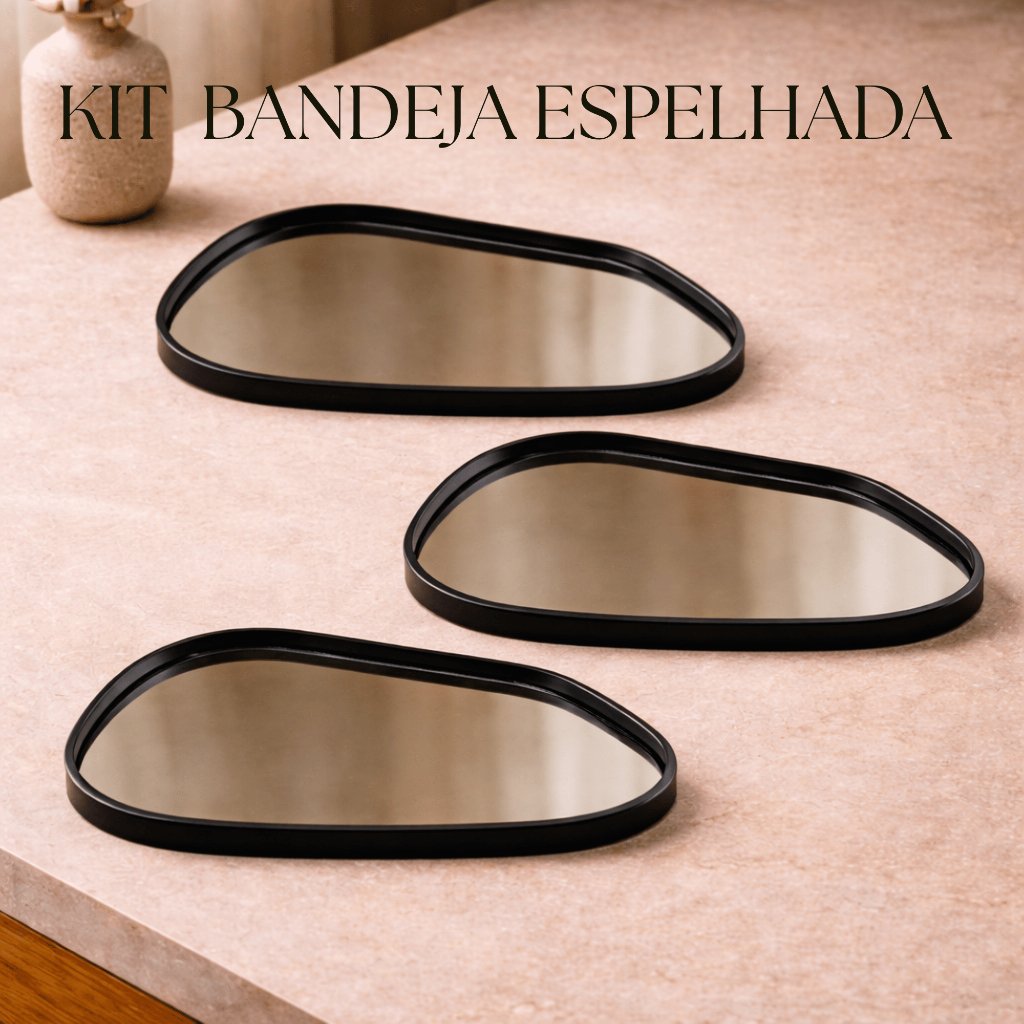 KIT 3/5/10 BANDEJAS ORGANICA ESPELHADA DECORATIVA MULTIUSO BANHEIRO LAVABO SALA PRETO DOURADO