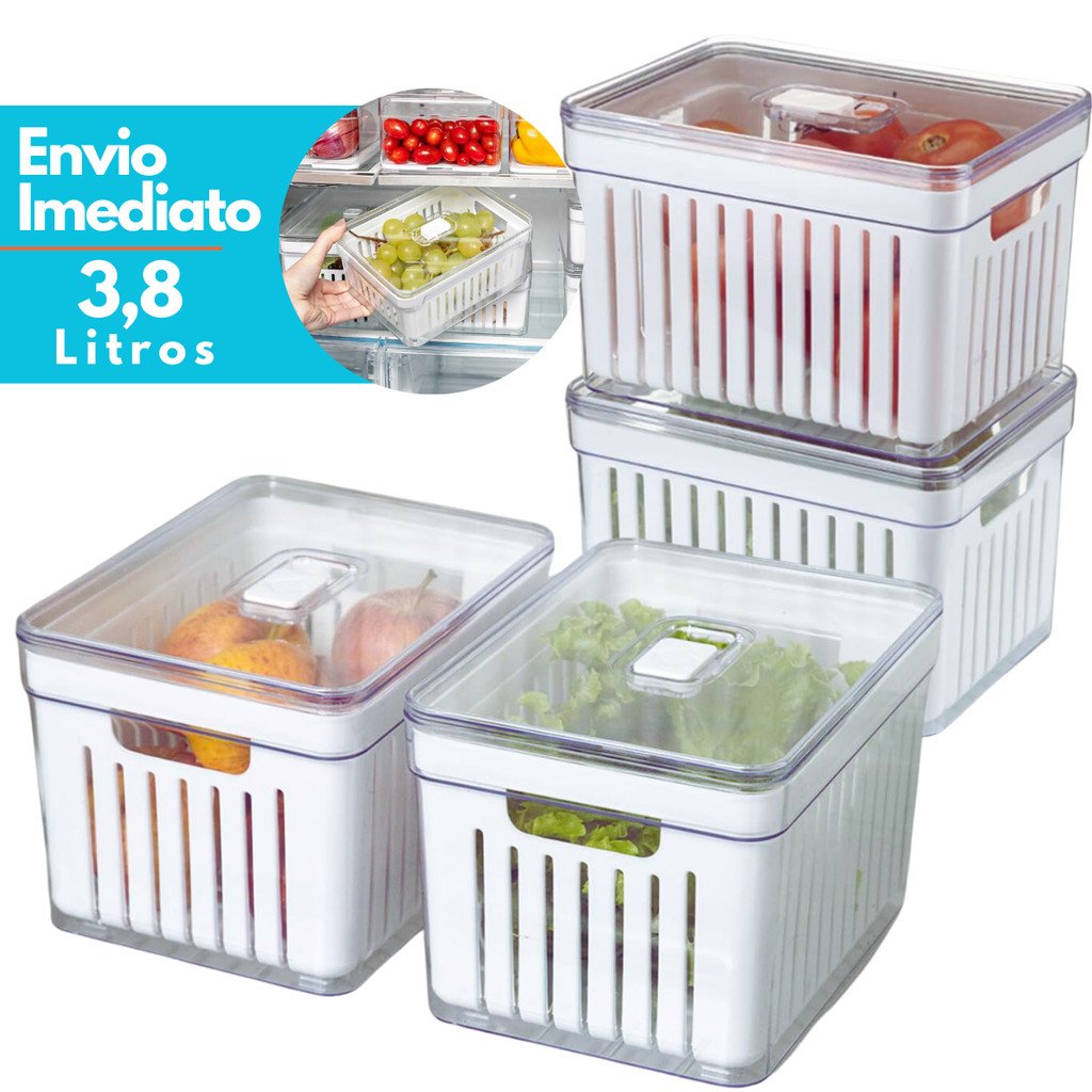 Kit 1- 4 Organizador de Geladeira 3,8 Litros Cesto Com Tampa Alimentos Verduras Potes de Salada Premium
