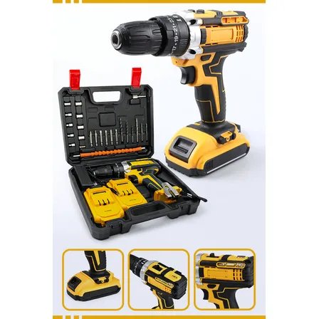 Furadeira Parafusadeira 48v Com 2 Baterias Recarregáveis Maleta Mandril 10mm Torque 32n.m 0-400/0-1400 Rpm Velocidade... Amarelo 127/220v