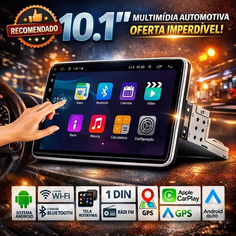Central Multimídia 10.1” Giratória CarPlay Android Auto Sem Fio e Espelhamento iOS Android FullHD