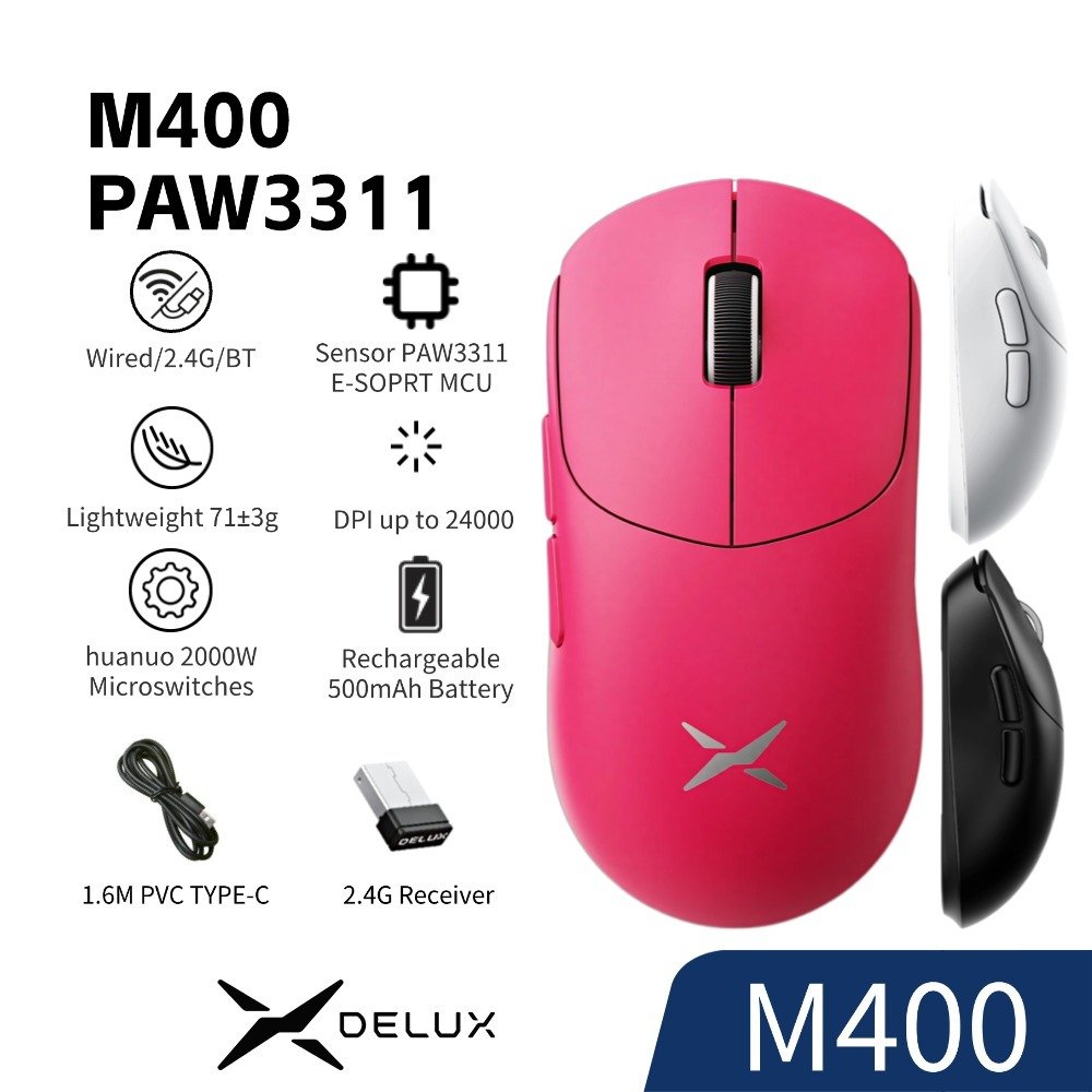 Mouse Ergonômico Para Jogos DELUX M400 De 3 Modos-Sensor PAW3311 , 24000 DPI , 71g Ultraleve , Com Fio/2.4G/BT 5.3 , Tax