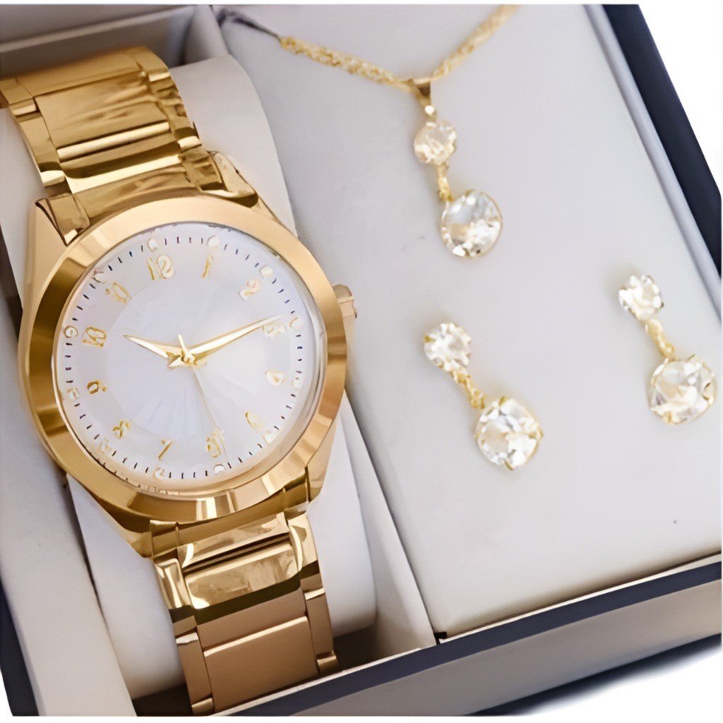 Relogio Feminino Rose Original Kit Colar e Brincos