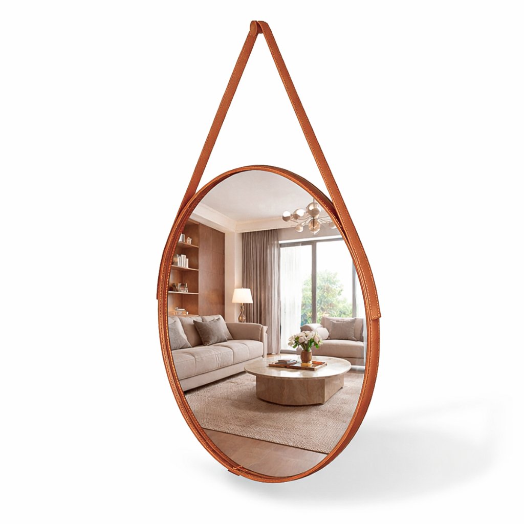 Espelho Redondo Decorativo Adnet Couro Costurado Alça + Suporte 60cm 50cm 40cm 30cm Sala Quarto Banheiro Hall
