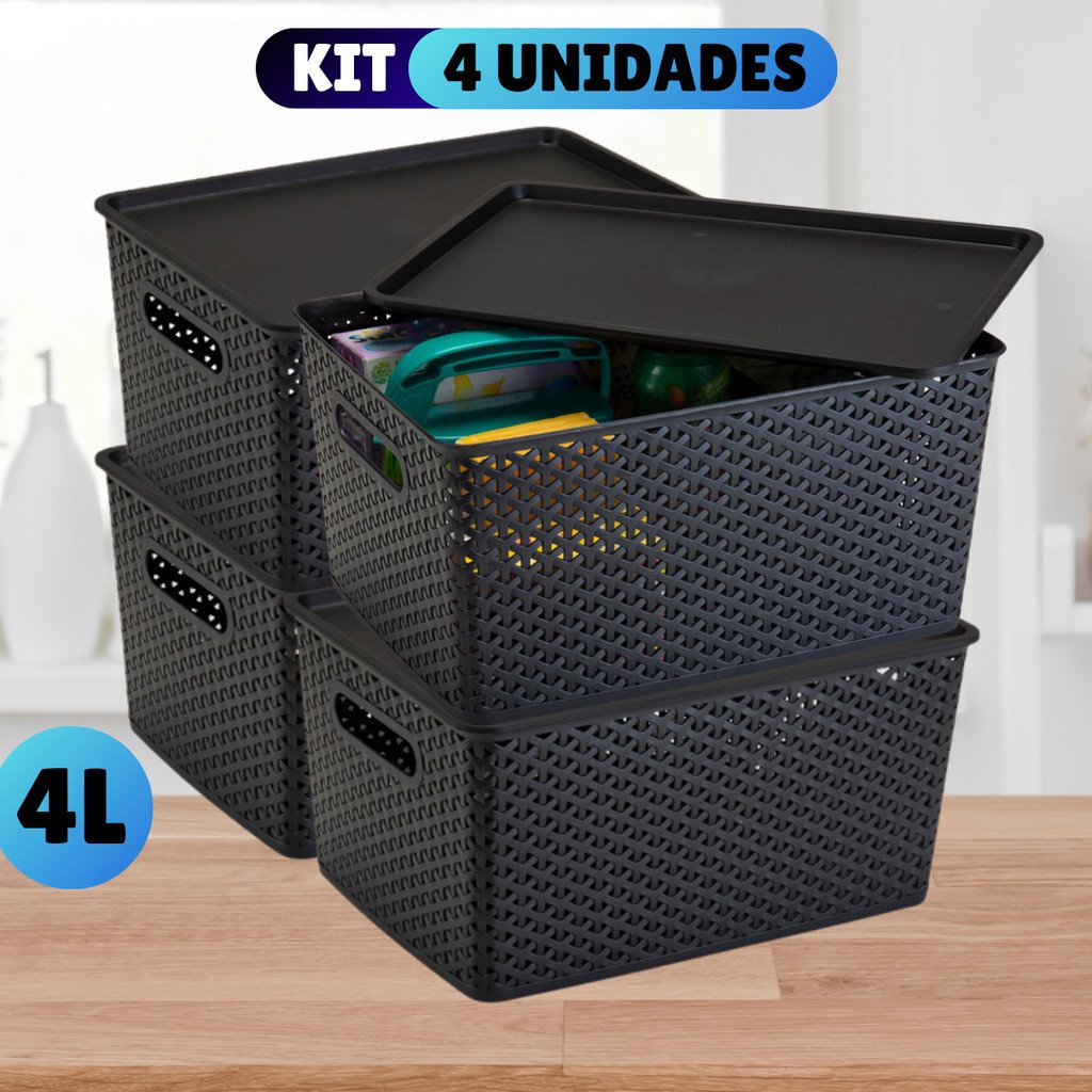 Kit Com 4 Cesto Caixa Organizadora Rattan Com Tampa  4 Litros Preto