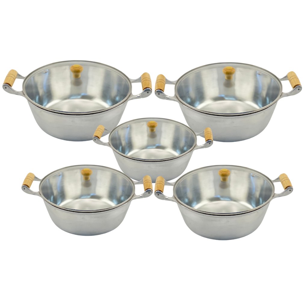 Jogo De Panela Polido Tampa De Vidro Temperado Alumínio Fundido Grosso Cabo Madeira Marfim