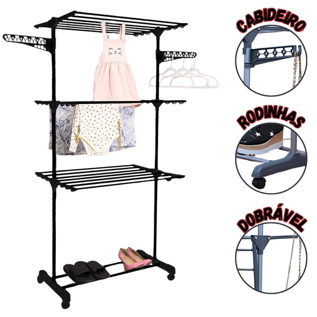 Varal Chão 3 Andares Dobrável Aço Reforçado Com Rodinhas Premium Envio Imediato Preto/Cinza/Azul
