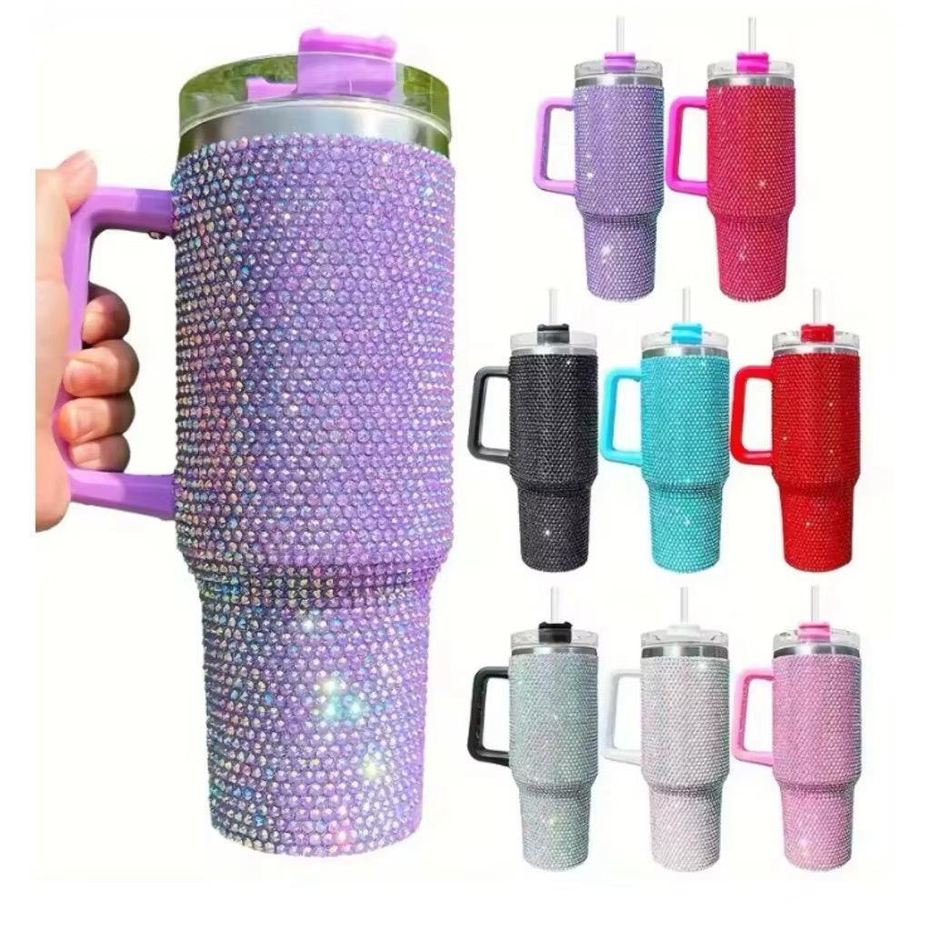 Novidade!  Térmico 1200ml Copo Com Strass Brilhante Com Alça Tampa E Canudo de Plastico ou metal
