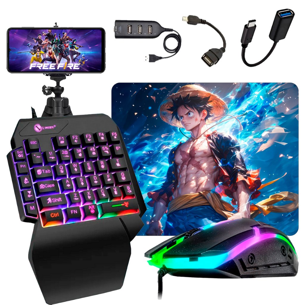 Kit Mobilador One Hand Gamer Completo Para Celular Com Teclado + Mouse Gamer Led RGB