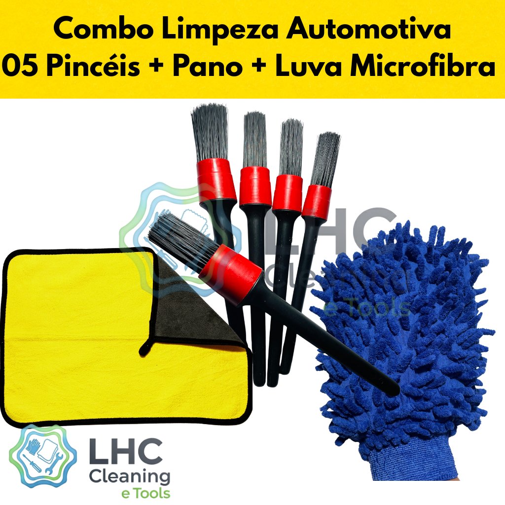 Kit Limpeza Automotiva 05 Pincéis limpeza Automotivas +  Flanelas Toalhas Panos Microfibra 40x30 60x30 + Luva Microfibra