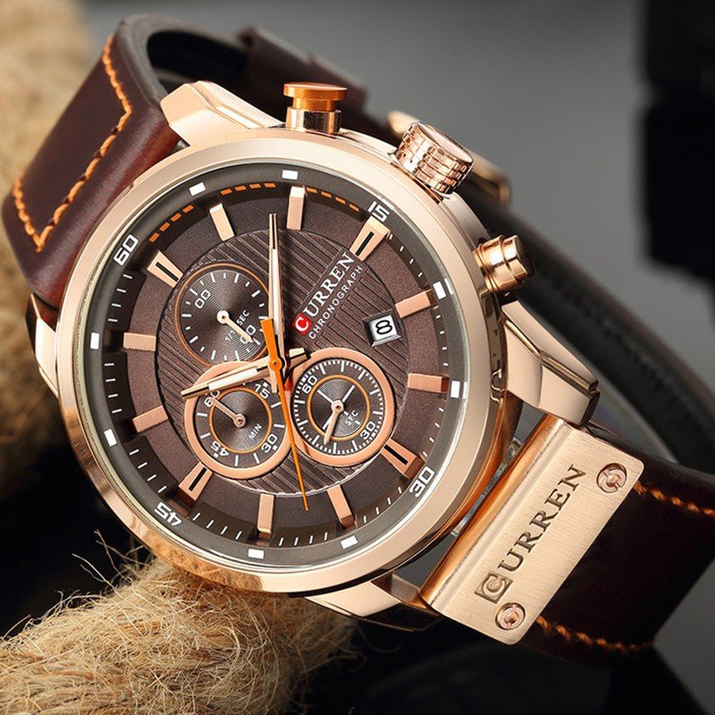 Curren Relógio Analógico Esportivo Masculino Com Pulseira De Couro À Prova D 'Água 8291xc