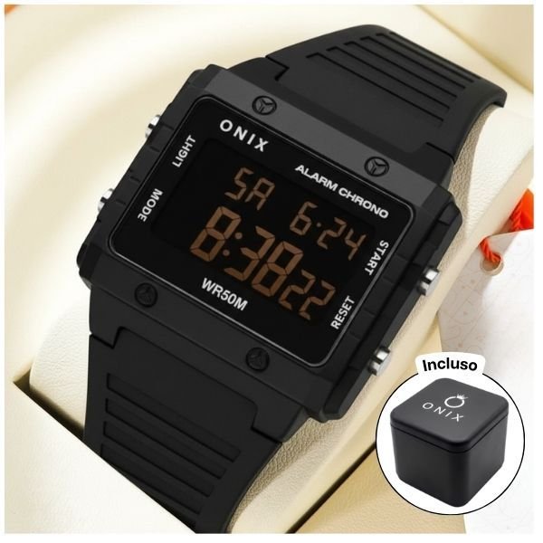 Relógio Digital Quadrado Unissex Preto Resistente à Água 5 ATM Minimalista Cronômetro Alarme Academia Promoção